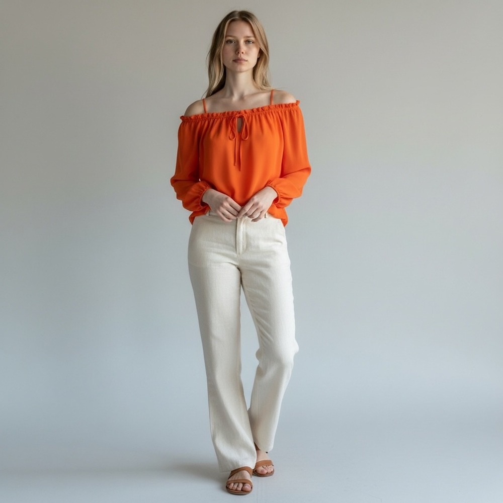 Romeo + Juliet Couture Orange Off‎ Shoulder Ruffle Tie Blouse Top Medium Chic